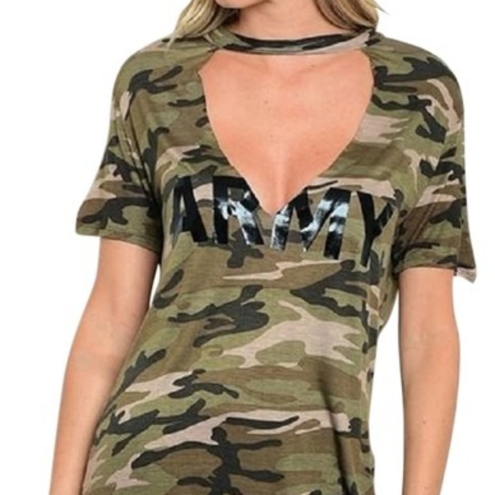Camo Choker Neckline Keyhole Army Camouflage Tunic